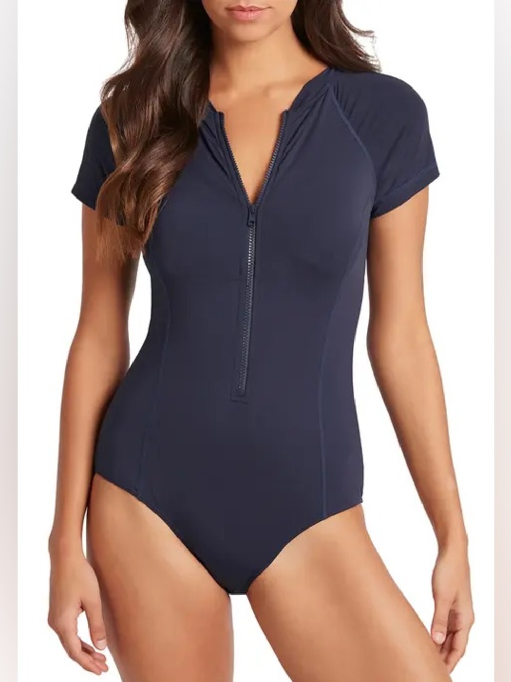 Sea Level Navy Short Sleeve Multifit Front Zip One-Piece Swimsuit size 14